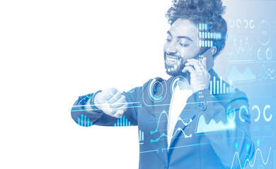 Middle eastern businessman working with smartphone, looking at his watch. Virtual screen double exposure with big data analysis. Concept of digital marketing. Copy space