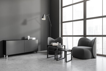 Grey living room interior with seats and commode with window. Mockup empty wall