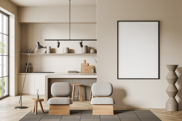 Light kitchen interior with dining area and chill zone, window. Mockup frame