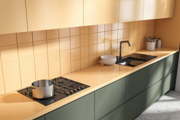 Fototapeta na wymiar Top view of colorful kitchen interior with minimalist kitchenware and sink