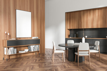 Corner view on dark kitchen room interior with empty poster