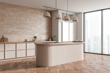 Luxury kitchen interior with cooking corner and kitchenware, panoramic window