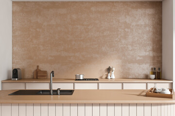 Beige kitchen interior with bar countertop, sink and kitchenware. Empty wall - obrazy, fototapety, plakaty