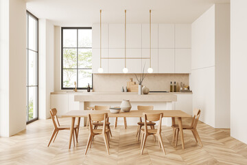 Light kitchen interior with chairs and table, meeting area and panoramic window