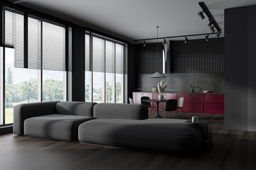 Grey studio interior with chill and cooking corner, panoramic window
