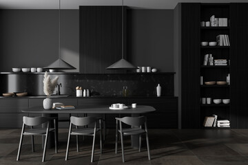 Dark kitchen interior with table and seats, shelf and decoration