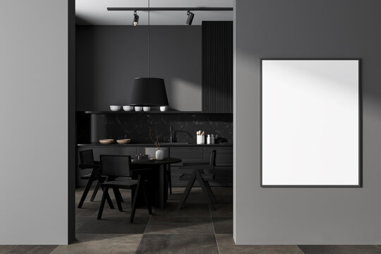 Grey kitchen interior with eating table on tile floor, cooking space. Mockup frame