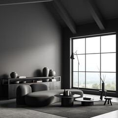 Grey relax place interior with couch and drawer, panoramic window. Mockup wall