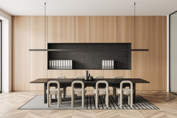 Light office room interior with chairs, table and shelf with documents