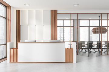 Light reception interior desk with meeting room and panoramic window