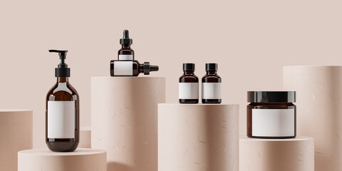 Cosmetic bottles set on beige podium. Mockup label