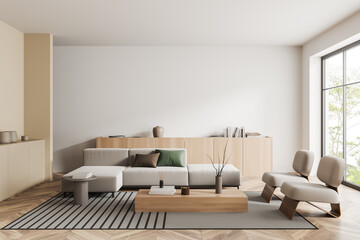 Cozy chill interior with seats and drawer with window. Mockup empty wall