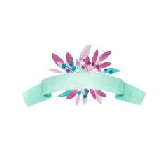 Hand drawn watercolor mint ribbon with mint and pink leaves, purple and blue berries