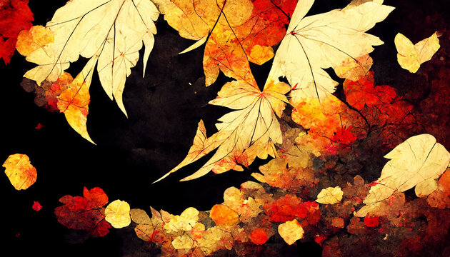 Digital painting of Autumn scenery with falling leaves. Abstracts image of Autumn Background