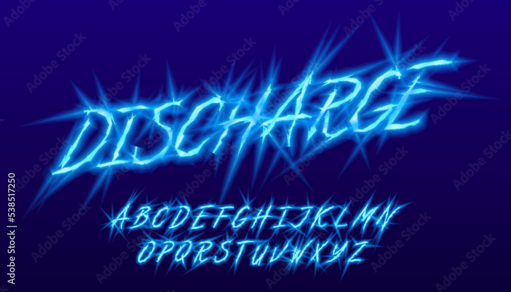 Poster discharge alphabet font. electric letters and numbers. stock vector typescript for your design.