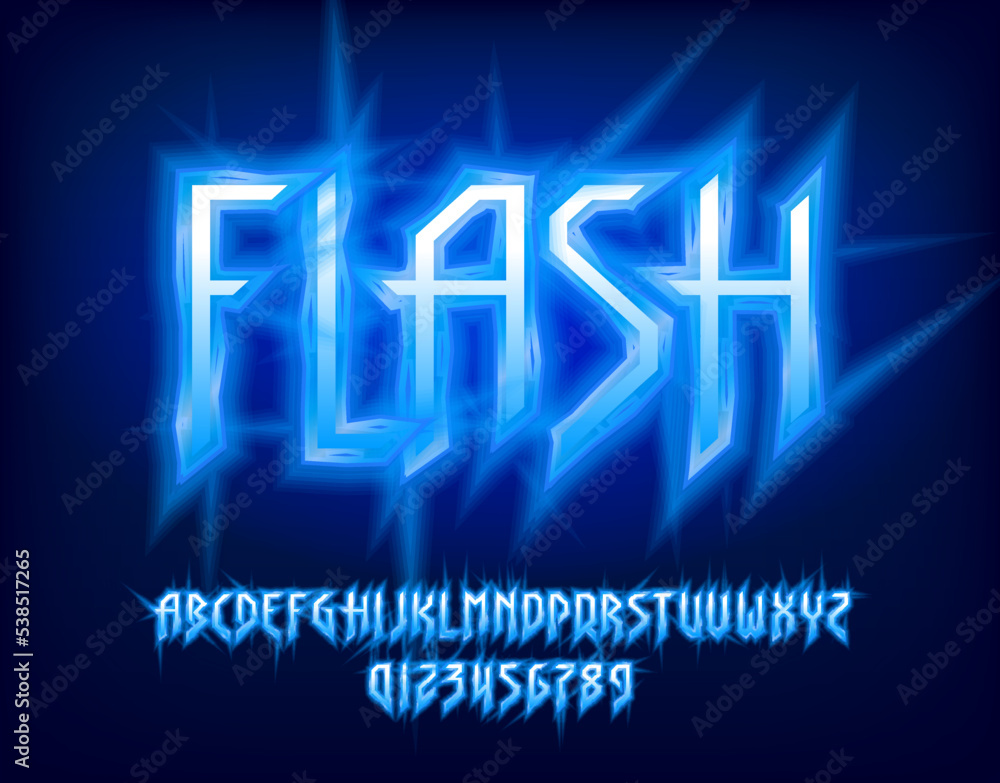 Poster flash alphabet font. electric letters and numbers in hard rock style. retro typescript for your typo