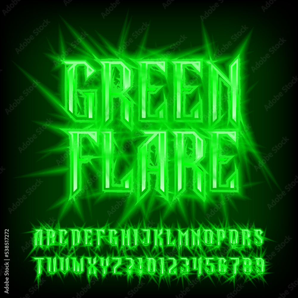 Poster green flare alphabet font. electric letters and numbers in hard rock style. retro typescript for you