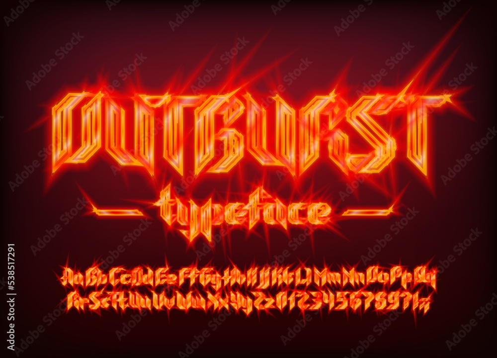 Fototapete outburst alphabet font. electric letters and numbers in heavy metal style. uppercase and lowercase. 