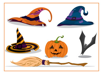 halloween elements with hats with pumpkin and broom
