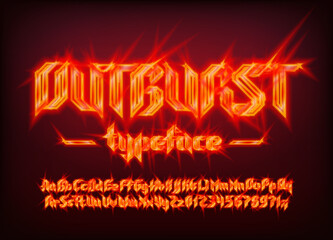 Outburst alphabet font. Electric letters and numbers in heavy metal style. Uppercase and lowercase. Retro typescript for your typography design.