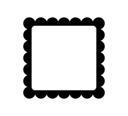 Square scalloped frame. Scalloped edge rectangle shape. Simple label and sticker form. Flower silhouette lace frame. Repeat vintage frill ornament. Vector illustration isolated on white background.