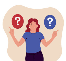 Make choice, decision concept. A young woman makes a choice, thinks, analyzing two options. Doubting, deciding, setting priorities. Flat vector illustration