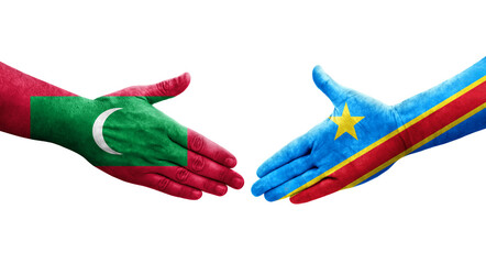 Handshake between Dr Congo and Maldives flags painted on hands, isolated transparent image.