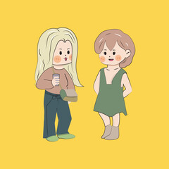 Two cute girl holding cup, standing chit chat to each other isolated on yellow background. .Character cartoon design. Kawaii.Vector.Illustration
