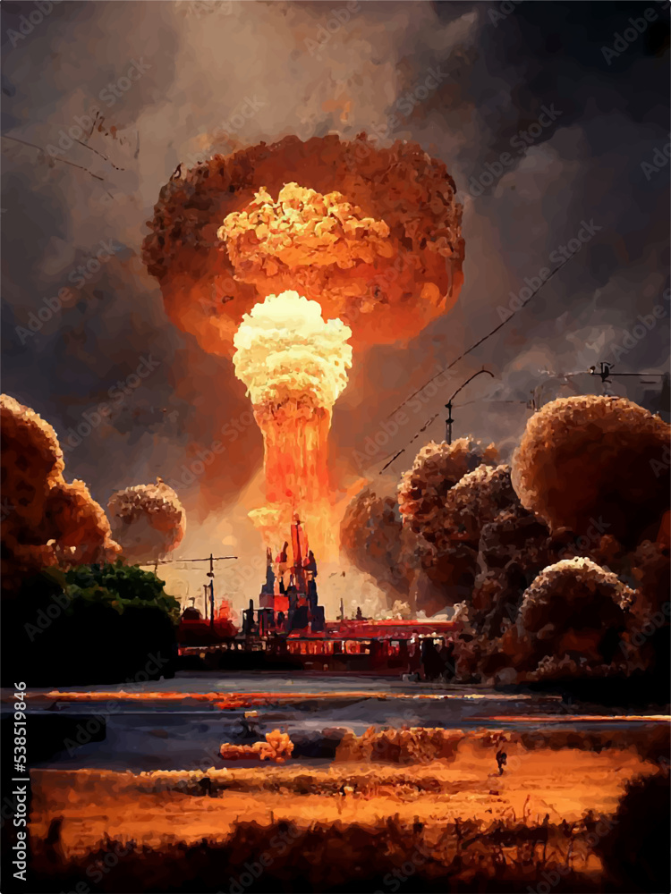 Wall mural Mushroom from the explosion of a nuclear bomb over the city. Nuclear war in the world. End of the world. Armageddon.