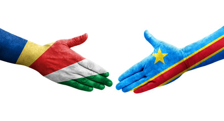 Handshake between Dr Congo and Seychelles flags painted on hands, isolated transparent image.