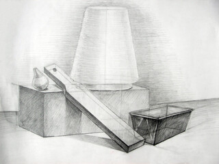 Still life pencil drawing hand drawing lamp, wood board, box, metal container on the table. Academic educative pencil drawing.