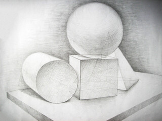 Hand drawn still life with geometric figures. Pencil on paper. Cube, conus, triangle, sphere, cylinder on the table. Academic educative pencil drawing.