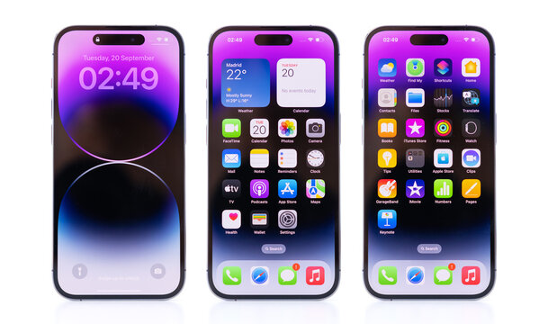 Madrid, Spain - September 21, 2022: Newly released iPhone 14 Pro mobile phones on white background