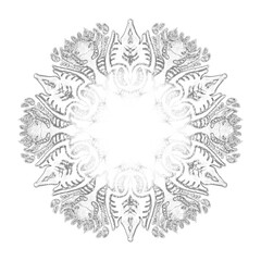 Christmas snowflake. A vintage six-beam snowflake. Complex circular ornament. Mandala pattern. Symmetrical beautiful rays. A template for a holiday. Isolated drawing