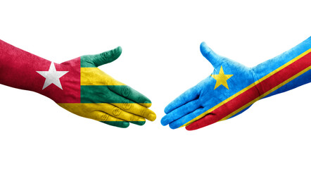 Handshake between Dr Congo and Togo flags painted on hands, isolated transparent image.