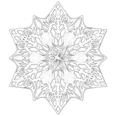 Christmas snowflake. A vintage six-beam snowflake. Complex circular ornament. Mandala pattern. Symmetrical beautiful rays. A template for a holiday. Isolated drawing