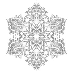 Christmas snowflake. A vintage six-beam snowflake. Complex circular ornament. Mandala pattern. Symmetrical beautiful rays. A template for a holiday. Isolated drawing