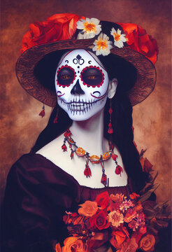 Catrina makeup portrait. Portrait of a Catrina. Mexican Celebration Skull. Female Skull. Woman with Catrina Makeup. Skull makeup