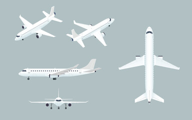 Naklejka na ściany i meble Airplanes on White Gray background, similar size isometric, top, side and front view. Flat style vector illustration.