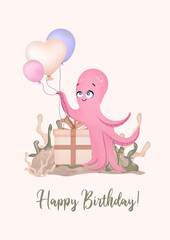 Interior poster for a children's room. Marine theme. Octopus pink on a gentle background