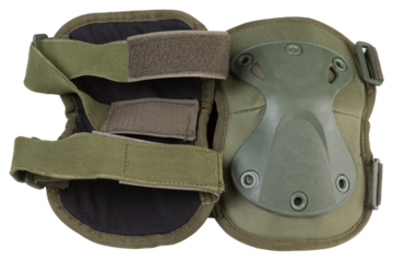 Army tactical knee pads in khaki color, close-up, on a white background, isolate, flat lay
