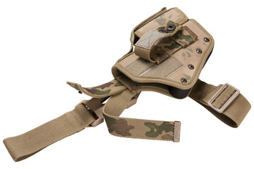 Army holster for a large pistol, coyote color, lying on its side, with a pocket for spare cartridges, on a white background, isolate