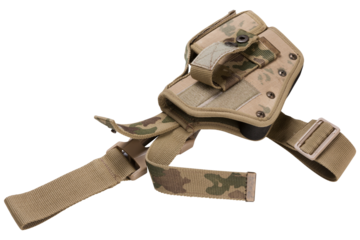 Army holster for a large pistol, coyote color, lying on its side, with a pocket for spare cartridges, on a white background, isolate