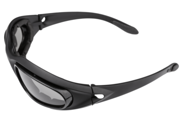 Black army tactical glasses with polarizing lenses, on a white background, side view, isolate