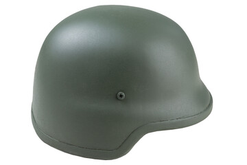 Army Kevlar helmet in khaki color, on a white background, side view, isolate
