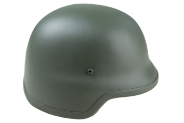 Army Kevlar helmet in khaki color, on a white background, side view, isolate