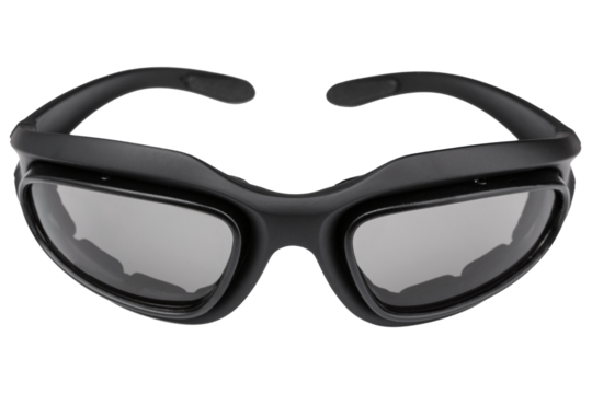 Black army tactical glasses with polarizing lenses, on a white background, frontal arrangement, isolate