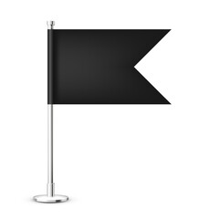 Realistic table flag on a chrome steel pole. Blank black desk flag made of paper or fabric. Shiny metal stand. Mockup for promotion and advertising. Vector illustration