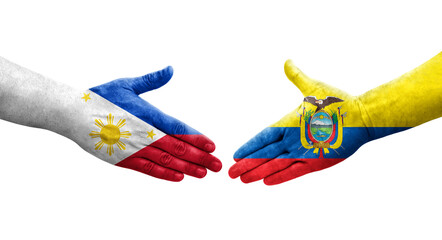 Handshake between Ecuador and Philippines flags painted on hands, isolated transparent image.