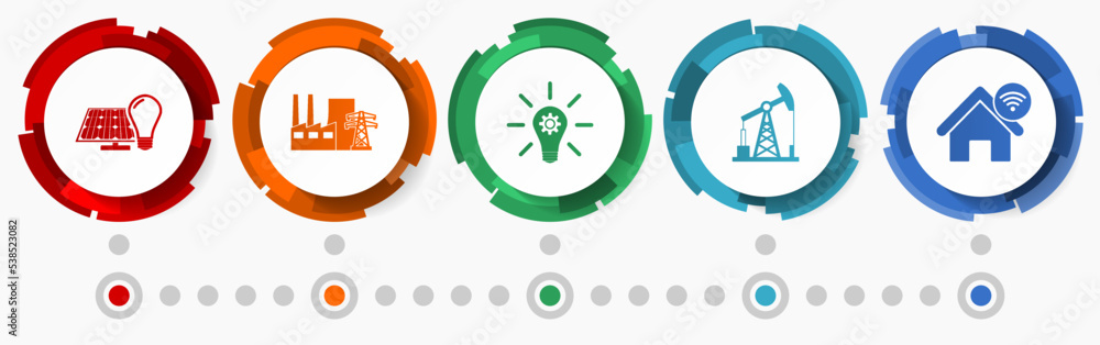 Poster industrial and technology concept vector icon set, flat design web buttons, energy infographic templ